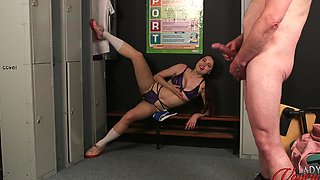 Sensual cheerleader teases her older coach while he masturbates