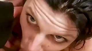 Sexy dark haired cum slut receives facial in the bathroom
