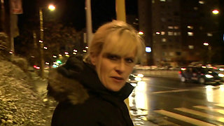 Sexy horny blonde sucks his cock outdoor in POV