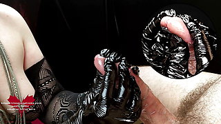 Slow and sensitive handjob with black latex gloves