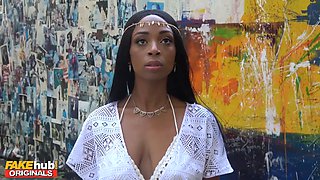 Fakehub - nasty black milf uses her mind-blowing lips and Big Tits and bootie in job interview to seduce chief and jacking his Big Cock