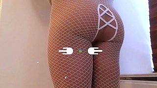Big Cock Crossdresser Amateur in White Fishnets