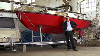 Brunette babe maid in heels and stockings gets her pussy screwed and mouth full of cum