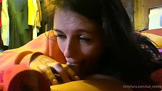 Brunette teen swallowing cum in POV blowjob