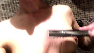 Amateur busty brunette masturbates and does hand job