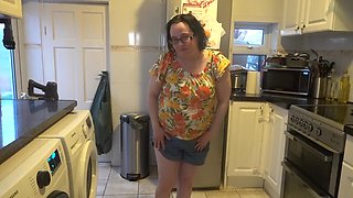 Sexy Shy Big Boobs Step-mom Stripping in Shorts in the Kitchen