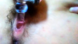 French Brunette Masturbates with Glass Dildo on Webcam