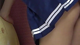 Natural Tits, Legs and Thong of Japanese Girl Sitting on Chair in Apron-style Miniskirt Uniform Are Observed From Under the Desk