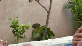 Pretty babe on mature cock in the garden