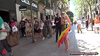 Busty blonde celebrates Pride on the streets