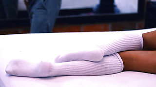 The schoolgirl has sex with the nerdy friend and fucks him in his room while his parents are away.