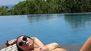 Sunbathing at the Public Pool in Micro Bikini, Boobs, Pussy