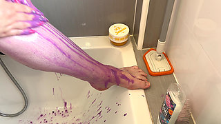 Chubby BBW Washes Feet Huge Natural Tits Pussy and Bum in the Shower While You Watch Her Soapy Body and Tattoos