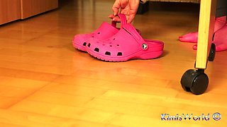 Sock Removal & Clog Shoeplay Under the Desk - Grey Leggings, Pink Clogs & Nylons