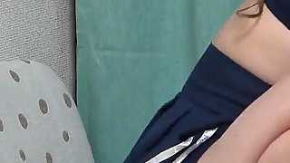 Observe the Body of a Busty Japanese Girl in a Miniskirt Uniform Sitting on a Chair in Her Apartment From Under the Desk