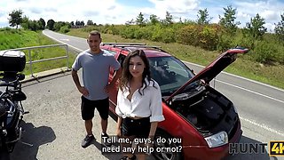 Hot brunette girl got into a light car accident and asks a man on a motorcycle if he can drive her and her husband home for a quick sex while her hus watches them
