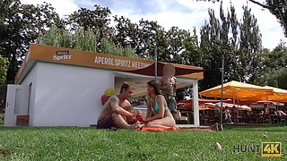 Shaved pussy stranger Susan Ayn spreads legs to ride a dick outdoors