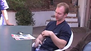 Horny black haired beauty sucks and fucks four men by the pool