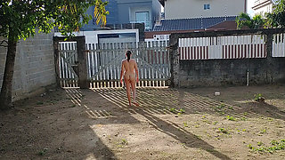 My wife and me dating in front yard