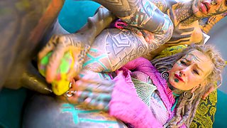 Tattooed model Nahluu doing her first porn