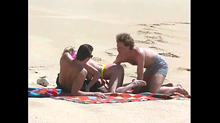 Threesome - Young Skinny Blondie Slut Fucks Her Stepdad's Friends on the Beach