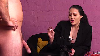 Provocative brunette Jamie Knight strips to help a naked man cum