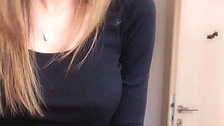 Amateur busty brunette masturbates and does hand job