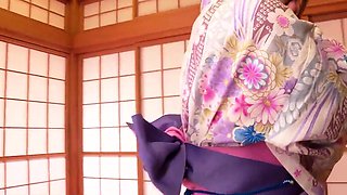 Horny Japanese mummy in kimono seduces man, providing oral