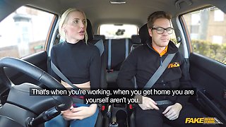 British blonde babe gets her tight pussy creampied in fake driving school