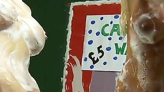 Cock-crazed girls masturbate in a car wash