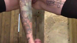 Pierced tattooed blonde loves a warm load on her tits