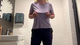 Hot MILF Secretly Masturbates with Bottle & Squirts in Public Toilet