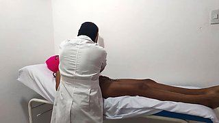 The medic gives his hot brunette patient a stress-relieving massage