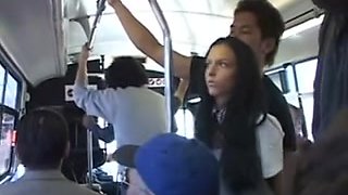 Brunette babe is groped then squirts on a Japanese bus