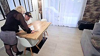 The English teacher catches him masturbating under the table. She sucks him and spreads her thighs to satisfy his big cock