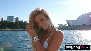 18 years old blonde reveals her snatch on a jacht
