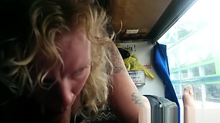 She sucks and swallows every drop on the bus - I know they saw us