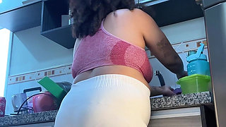 Gassy Chubby Girlfriend Washing Dishes Natural Loud Farts in Tight Shorts