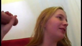 Blonde girl eats cum after a hard fuck by a massive dick