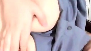 Busty curly brunette with big boobs fucks on couch