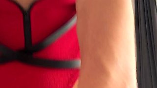 Hot sex in red bodysuit, stockings and high heels. Husband pov (full)