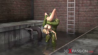 Horny hot blonde gets fucked hard by a green monster in the sewer