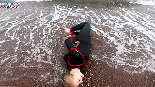 Hogtied in a Wetsuit - Rope Bondage Escape Challenge on the Beach