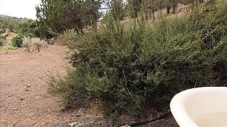 Big-Titted Babe Jerks Off a Lucky Hiker in the Woods