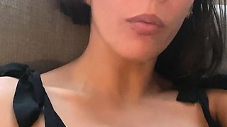 Busty curly brunette with big boobs fucks on couch
