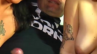 Tattooed bbw's sucking and riding hard dick
