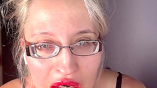 Cuckold Private Cam Worship - Goddess in Thick Eyeglasses, Wet Lips and Tongue Deep-throating Dildo While Teasing Tits for Cuck