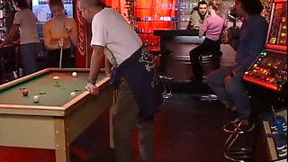 The Bravest of the Three Girlfriends in the Billiard Salon Gets a Blowjob From the Boss DJ