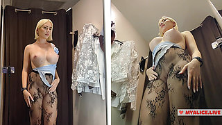 Blonde with big Tits Try on haul Clothes in Mall. Milf in Fitting Room