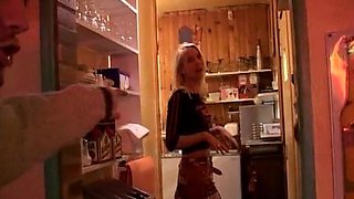 Mature French Blonde Fucked by Two Dudes in the Restaurant's Kitchen